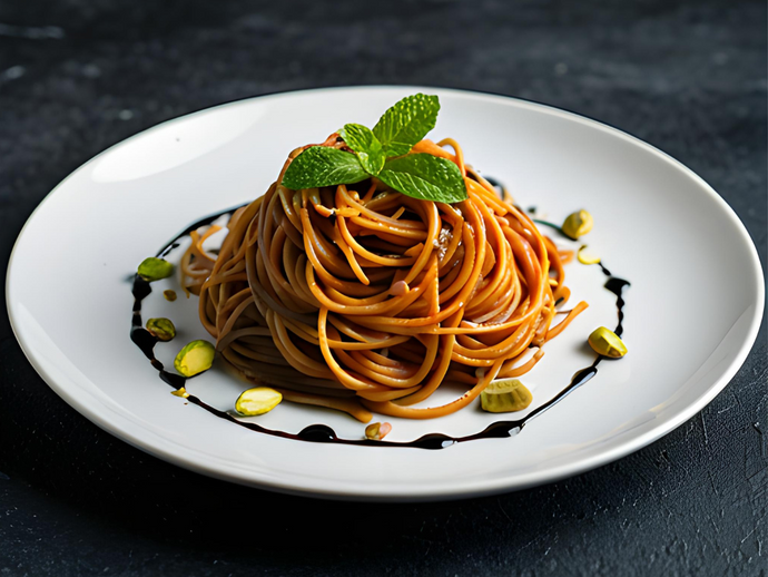 Karamellisierte Balsamico-Pasta mit Pistazien und Minze