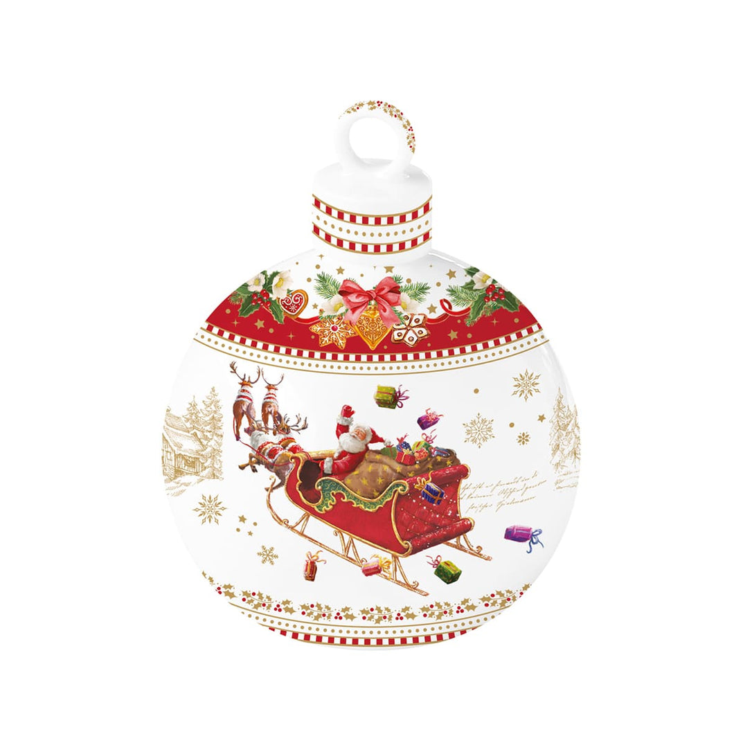 Weihnachtlicher Duftzerstäuber in Form einer Kugel man sieht den Weihnachtsmann in einem Schlitten mit zwei Rentieren Geschenken darauf daraus der Diffusor hat einen Deckel