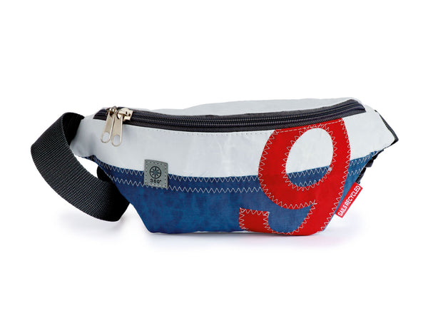360Grad Knoten maritime Gürteltasche - aus recyceltem Segeltuch - Weiß-Blau, rote Zahl