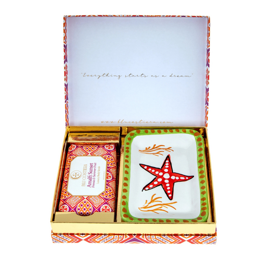 Peelingseifen-Geschenkset „Amalfi Sunset“ – Frische Früchte & Freesie mit Vietri-Keramikschale