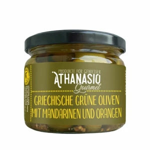 Athanasio Gourmet - Griechische Grüne Oliven mit Mandarinen & Orangen